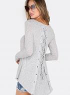 Oasap Round Neck Long Sleeve Back Lace-up Pullover Sweater