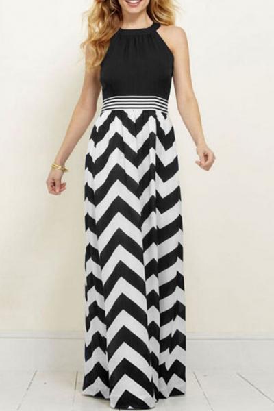 Oasap Fashion Chevron Splicing High Waist Halter Dress