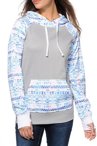 Oasap Geo-print Kangaroo Pocket Long Sleeve Drawstring Hooded Sweatshirt