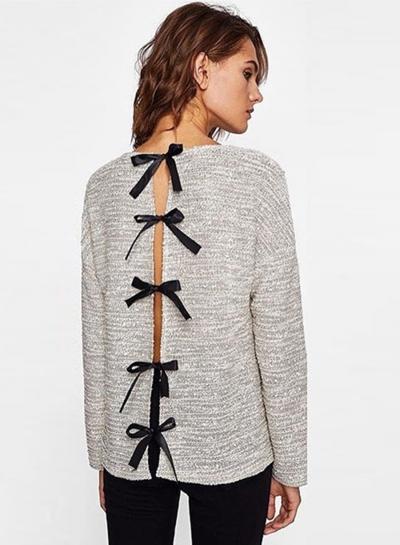 Oasap Round Neck Long Sleeve Back Bow-tie Solid Color Pullover Sweater
