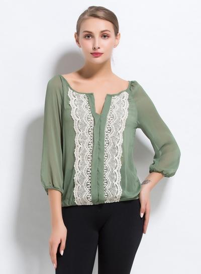 Oasap Lace Panel Color Block Long Sleeve Blouse