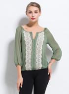 Oasap Lace Panel Color Block Long Sleeve Blouse