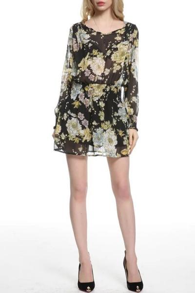 Oasap Stylish Floral Print Elastic Waist Sheer Chiffon Dress