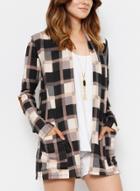 Oasap Long Sleeve Open Front Slim Fit Knit Plaid Cardigan