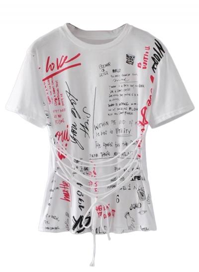 Oasap Short Sleeve Letter Printed Tie Waist Tee