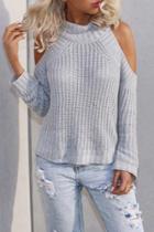 Oasap Chic Mock Neck Open Shoulder Ribbed Sweater
