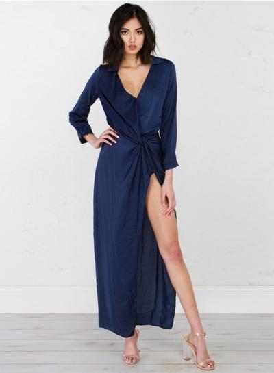 Oasap V Neck Long Sleeve Knot Front High Split Maxi Dress