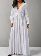 Oasap Deep V Neck Long Sleeve Solid Color Pleated Maxi Dress