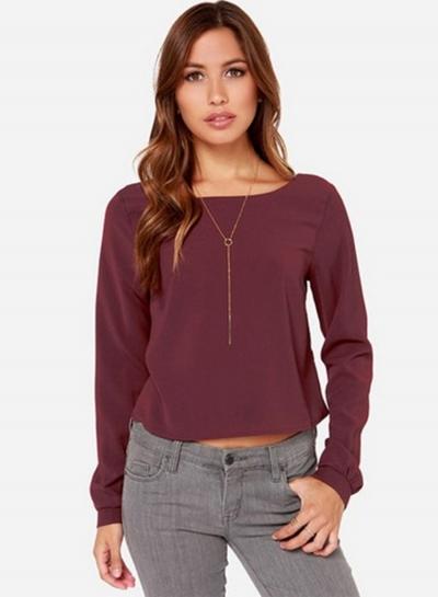 Oasap Fashion Solid Backless Long Sleeve Chiffon Blouse