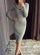 Oasap V Neck Long Sleeve Stripe Trim Knit Maxi Dress