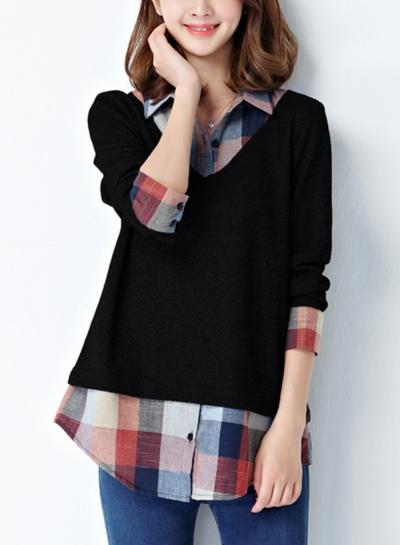 Oasap Turn Down Collar Plaid Splicing Fake Two Piece Sweater
