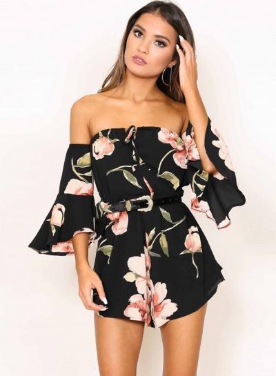Oasap Slash Neck Floral Printed Flare Sleeve Rompers