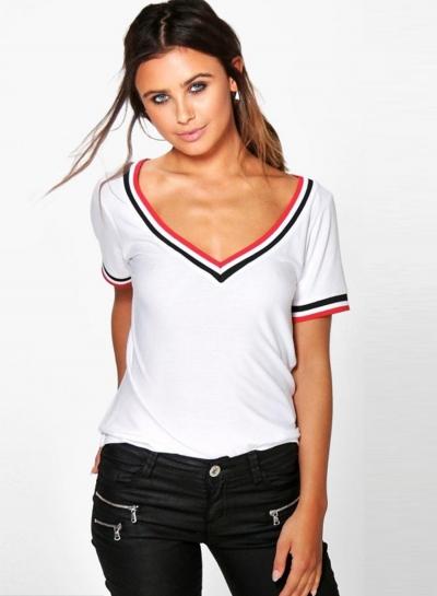 Oasap V Neck Striped Trim Short Sleeve Tee