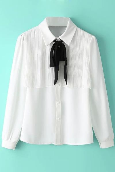 Oasap Self Tie Bow Button Down Preppy Chiffon Shirt