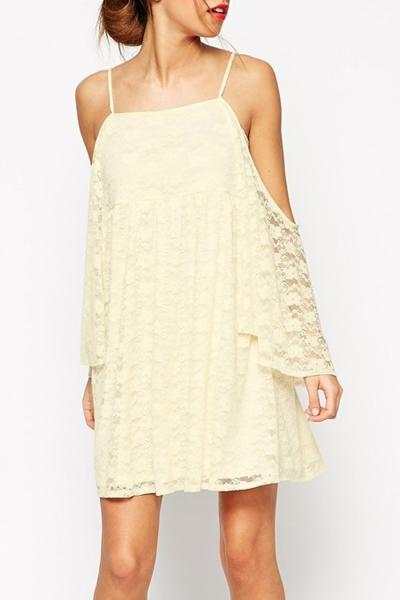 Oasap Sweet Open Shoulder Lace Spaghetti Strap Trapeze Dress