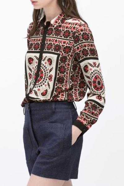 Oasap Tribal Square Print Button Down Shirt
