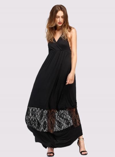 Oasap V Neck Off Shoulder Lace Panel Maxi Dress