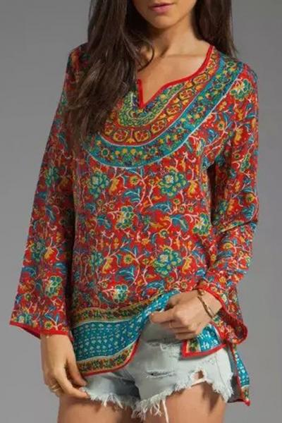 Oasap Vintage Floral Print Long Sleeve Blouse