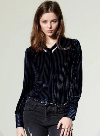 Oasap Tie Neck Striped Velvet Button Down Shirt