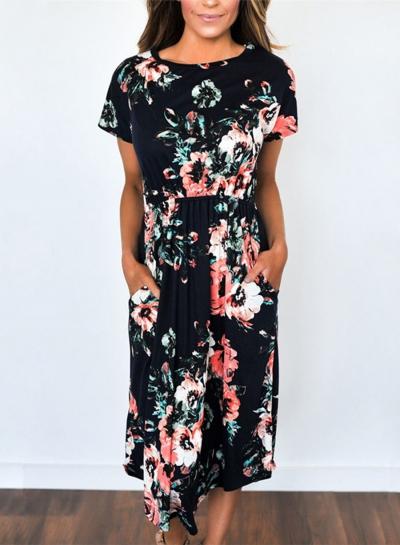 Oasap Casual Short Sleeve Floral Midi Dress
