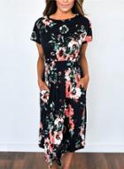 Oasap Casual Short Sleeve Floral Midi Dress
