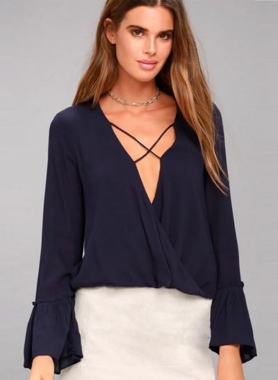 Oasap Deep V Neck Flare Sleeve Lace-up Chiffon Blouse