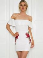 Oasap Off Shoulder Ruffle Short Sleeve Floral Embroidery Mini Dress