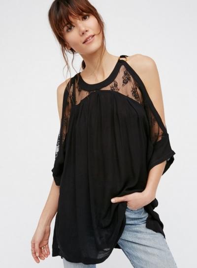 Oasap Lace Panel Off Shoulder Tee Shirt