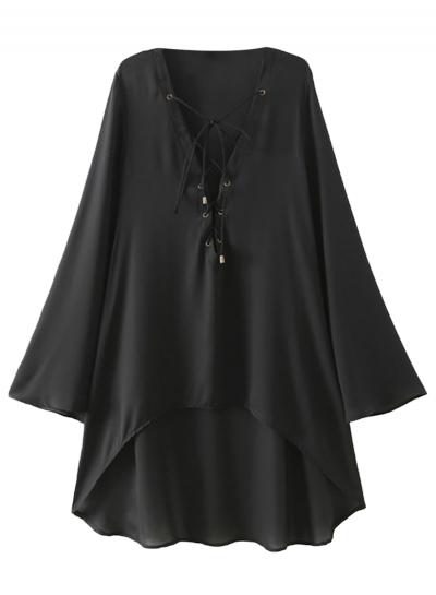 Oasap Women's Fashion Solid V Neck Lace-up Front High Low Blouse