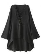 Oasap Women's Fashion Solid V Neck Lace-up Front High Low Blouse