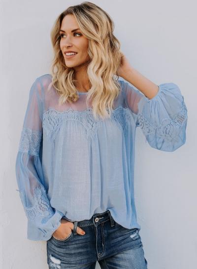 Oasap Round Neck Lantern Sleeve Loose Blouse