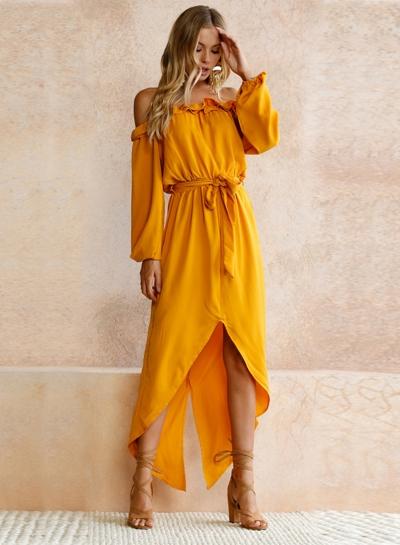 Oasap Solid Off Shoulder Long Sleeve High Low Dress With Belt