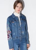 Oasap Women's Floral Embroidery Graphic Denim Jacket