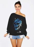 Oasap Halloween Abstract Skull Print Loose Fit Sweatshirt