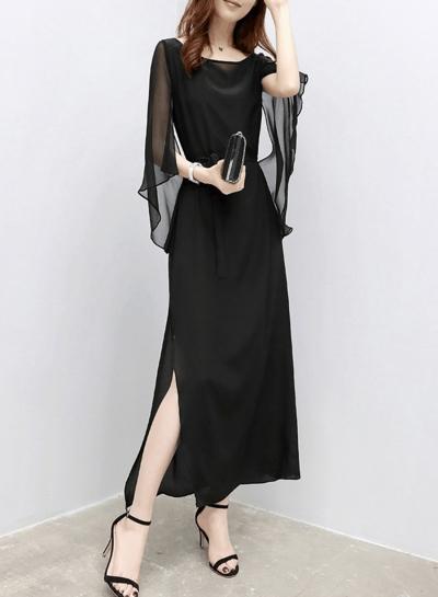 Oasap Solid Side Slit Maxi Chiffon Dress With Belt
