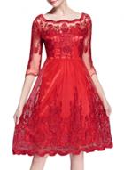 Oasap Women's Elegant 3/4 Sleeve Mesh Embroidery Short Wedding Dress