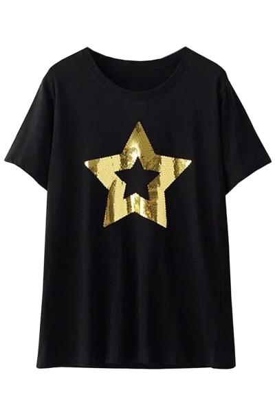 Oasap Casual Star Print Round Neck Short Sleeve Tee