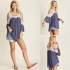 Oasap Women's Cold Shoulder Lace Panel Flounce Sleeve Tunic Tee