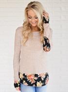 Oasap Round Neck Long Sleeve Floral Print Color Block Tee Shirt
