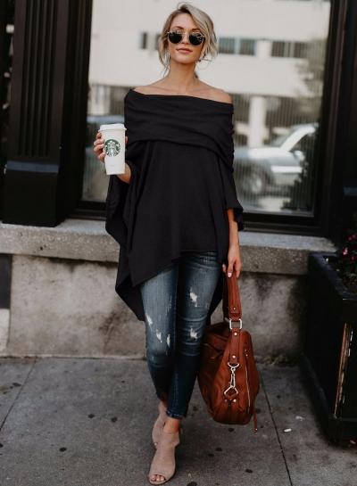 Oasap Off Shoulder Slit Irregular Loose Fit Tee