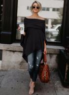 Oasap Off Shoulder Slit Irregular Loose Fit Tee