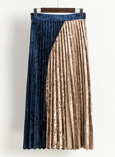 Oasap Velvet Side Zip Color Block A-line Maxi Skirt