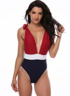 Oasap Deep V Neck Backless Color Block One Piece Swimsuit