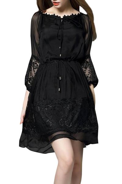 Oasap Women's Black Drawstring Waist Floral Lace Panel Dress