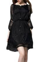 Oasap Women's Black Drawstring Waist Floral Lace Panel Dress
