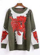 Oasap Round Neck Animal Patterned Pullover Sweater