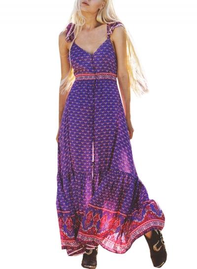 Oasap Women's Fashion Sleeveless Bohemian Print Front Split Maxi Dress