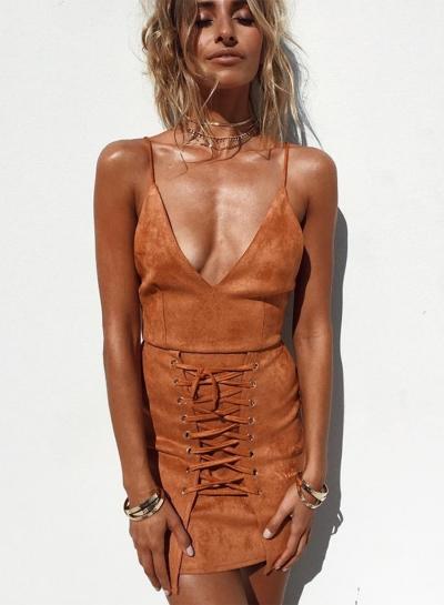 Oasap V Neck Sleeveless Lace-up Irregular Suede Dress
