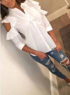 Oasap Off Shoulder Long Sleeve Ruffle Button Down Shirt