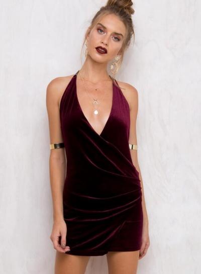 Oasap Halter Backless Bodycon Club Velvet Dress